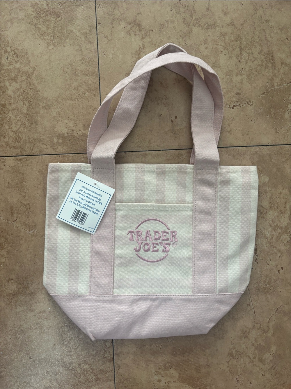 NWT Trader Joe's Striped Mini Canvas Tote Bag in Pink - Picture 2 of 3